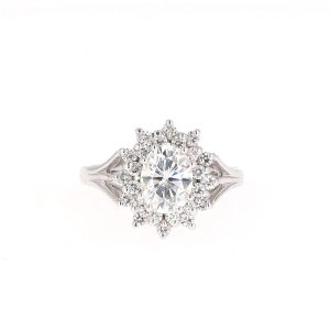 1.98 CTW   Oval Near-Colorless Moissanite Halo Ring in 14K White Gold