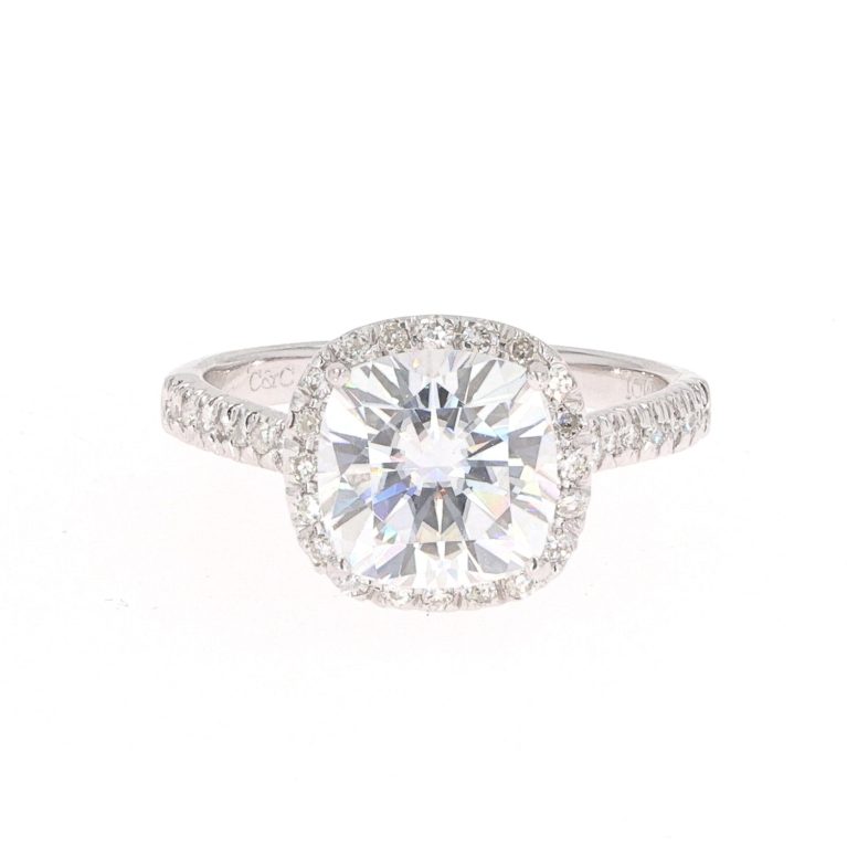 3.66 CTW   Cushion Near-Colorless Moissanite Halo with Accents Engagement Ring in Sterling Silver