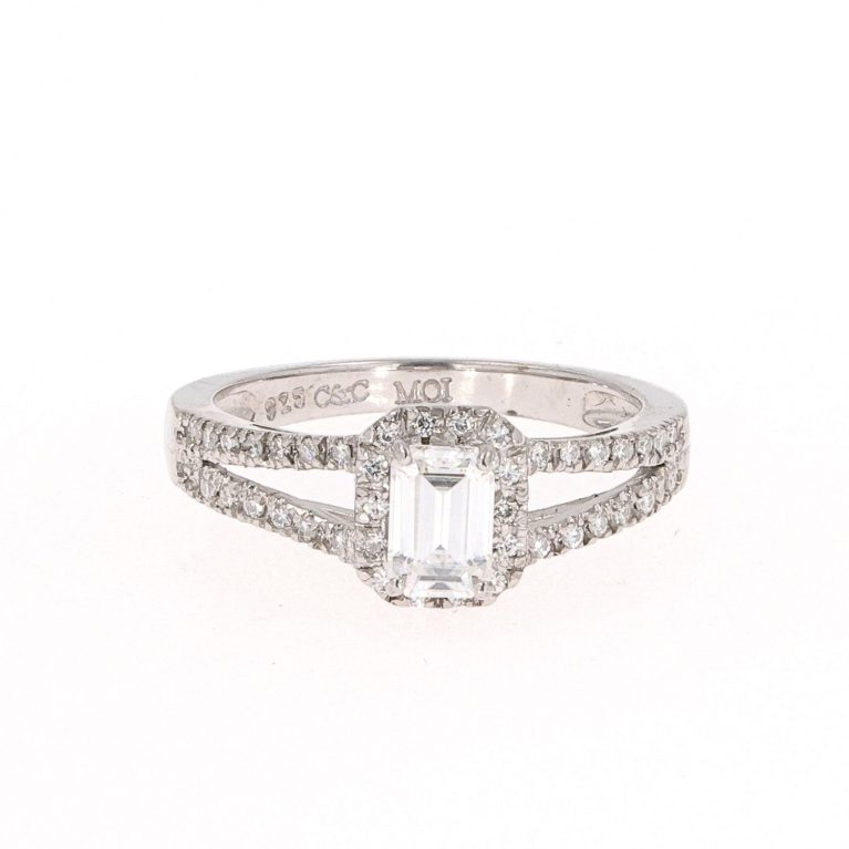 1.11 CTW   Emerald Near-Colorless Moissanite Split Shank Halo Engagement Ring in Sterling Silver