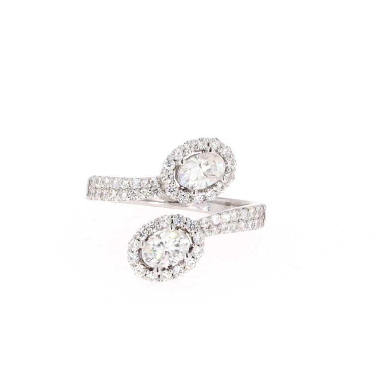 1.83 CTW   Oval Near-Colorless Moissanite Two-Stone Bypass Ring in 14K White Gold