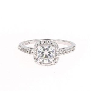 1.37 CTW   Cushion Near-Colorless Moissanite Accented Halo Engagement Ring in 14K White Gold