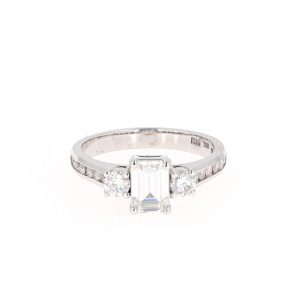 1.57 CTW   Emerald Near-Colorless Moissanite Three-Stone Engagement Ring in 14K White Gold