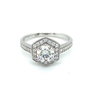1.10 CTW   Round Near-Colorless Moissanite Geometric Halo Engagement Ring in 14K White Gold