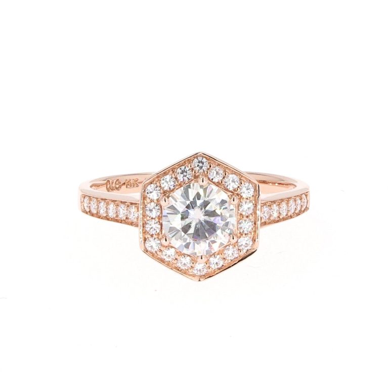 1.10 CTW   Round Near-Colorless Moissanite Geometric Halo Engagement Ring in 14K Rose Gold