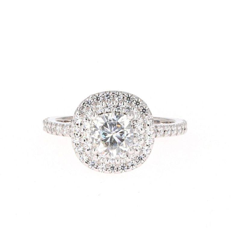 1.77 CTW   Cushion Near-Colorless Moissanite Halo Ring in 14K White Gold