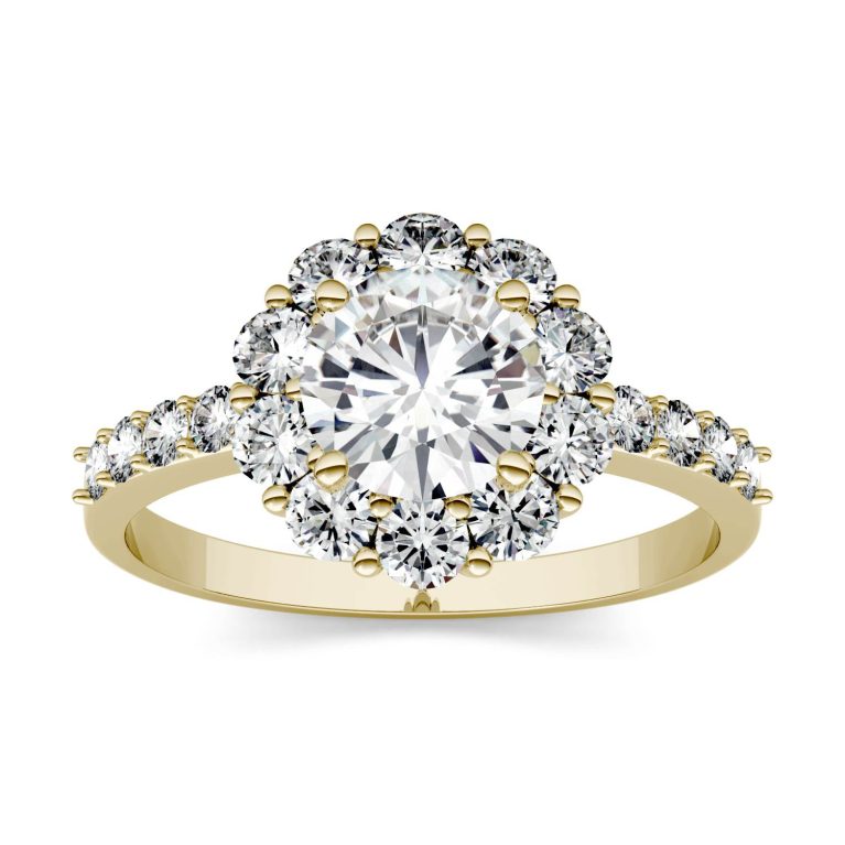 1.78 CTW   Round Moissanite Halo Ring in 14K Yellow Gold