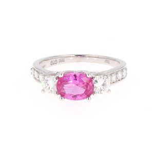 2.14 CTW   Pink Oval Lab Created Sapphire & Moissanite Three-Stone Ring in 14K White Gold