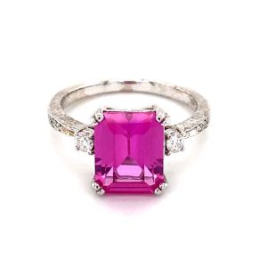 4.14 CTW   Pink Emerald Lab Created Sapphire & Moissanite Three-Stone Engagement Ring in 14K White Gold