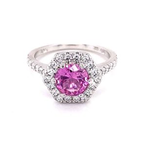 3.26 CTW   Pink Round Lab Created Sapphire & Moissanite Statement Ring in 14K White Gold