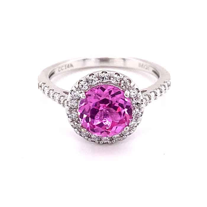 3.15 CTW   Pink Round Lab Created Sapphire & Moissanite Halo Engagement Ring in 14K White Gold