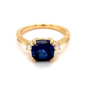 2.84 CTW   Blue Cushion Lab Created Sapphire & Moissanite Statement Ring in 14K Yellow Gold