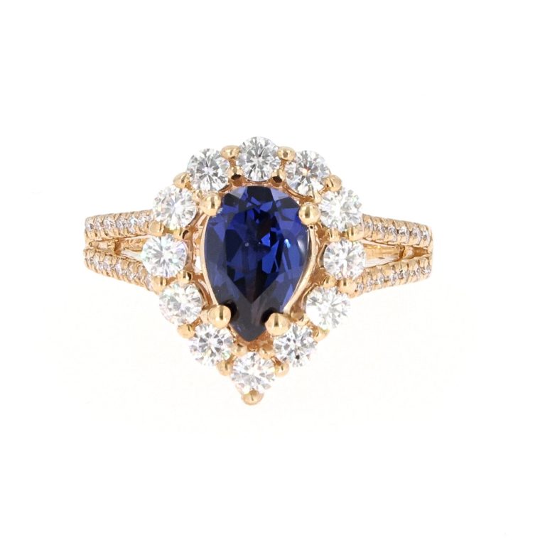 2.73 CTW   Blue Pear Lab Created Sapphire & Moissanite Statement Ring in 14K Yellow Gold