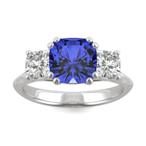 3.70 CTW   Cushion Sapphire Engagement Ring in 14K White Gold