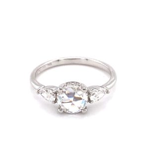 1.08 CTW   Round Rose Near-Colorless Moissanite East-West Three-Stone Engagement Ring in 14K White Gold
