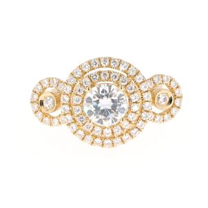 1.69 CTW   Round Near-Colorless Moissanite Double Halo Three-Stone Engagement Ring in 14K Yellow Gold