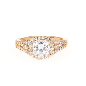 2.20 CTW   Cushion Near-Colorless Moissanite Accented Halo Engagement Ring in 14K Yellow Gold