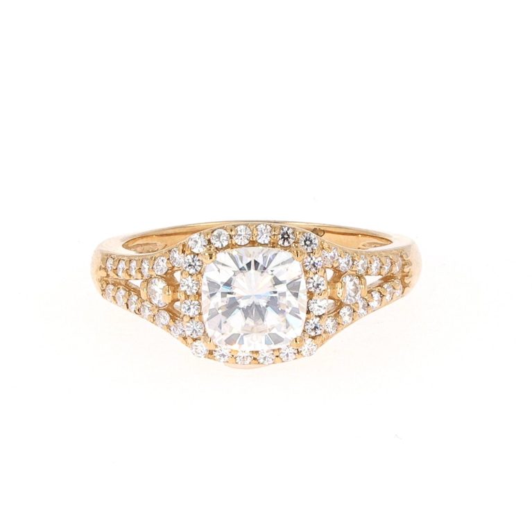 2.20 CTW   Cushion Near-Colorless Moissanite Accented Halo Engagement Ring in 14K Yellow Gold