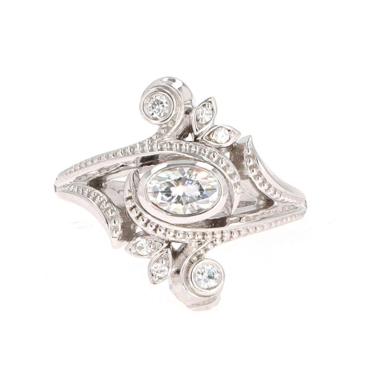 0.60 CTW   Oval Near-Colorless Moissanite Bezel Floral Statement Ring in 14K White Gold